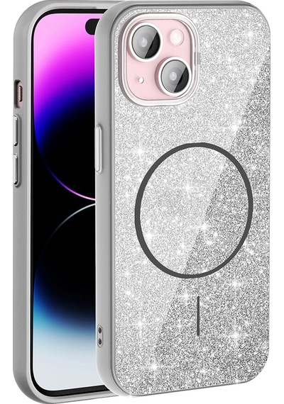 Apple Apple iPhone Uyumlu  15 Kılıf M-safe Şarj Özellikli Parlayan Simli Zore Okso Kapak Çok Renkli