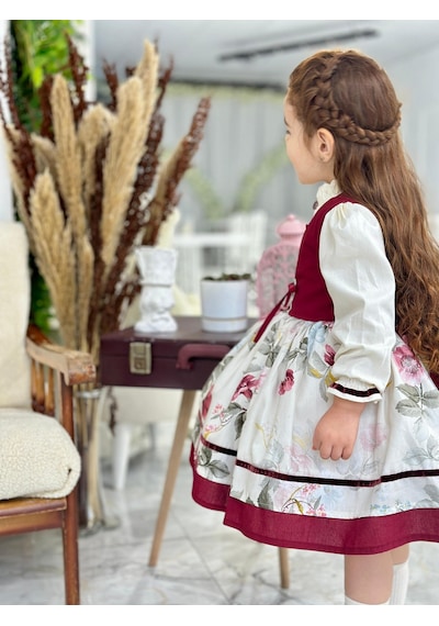H L Y Karol Tasarım Krem Bordo Vintage Kız Bebek Elbisesi,doğum Günü,fotoğraf Çekim Elbise,0-10 Yaş Uygun KREM