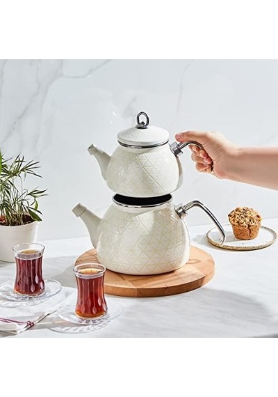 Kristal Krem Emaye Çaydanlık Takımı Çelik