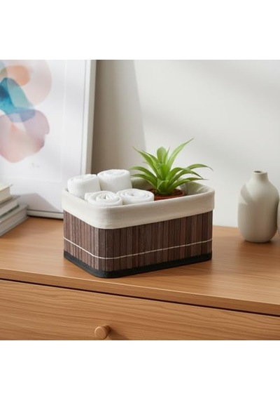 Deconox Mini Dikdörtgen Bambu Düzenleyici Ve Saklama Sepeti Gri Ahşap Banyo, Makyaj Ve Ofis Organizeri, Kumaş Astarlı Dekoratif Kutu 20x15x10 Cm
