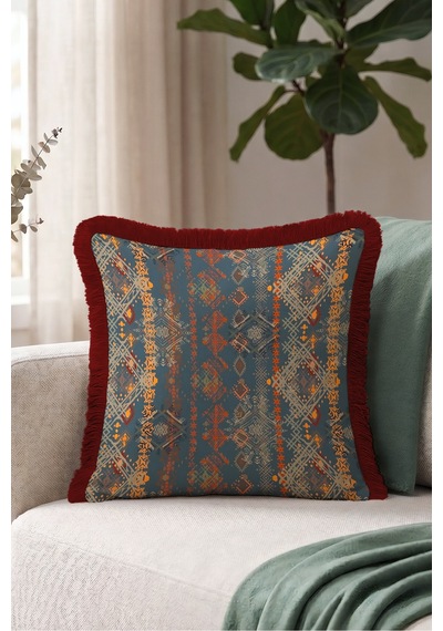 Etnik Kilim Desenli Saçaklı Yastık Kılıfı - Otantik Retro Lacivert Bordo Püsküllü Kırlent Kılıfı Kadim Ufuk Saten