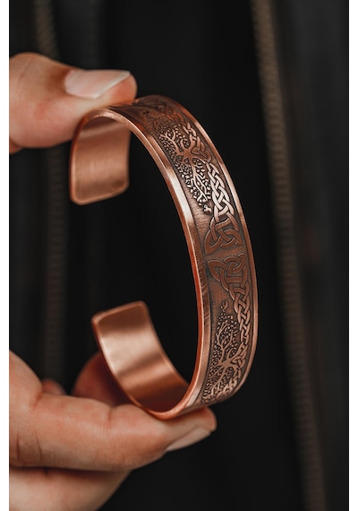 Erkek Bakır Bileklik - Viking Hayat Ağacı - Yggdrasill İskandinav Mitolojisi Erkek Kelepçe Bileklik Rose Gold