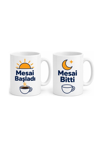 Mesai Başladı / Mesai Bitti 2'li Porselen Kupa Seti - Model 384 Çok Renkli
