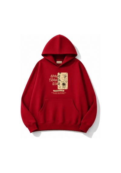 Herkesemoda Space Travel Baskılı Kanguru Cepli Oversize Sweatshirt Kırmızı