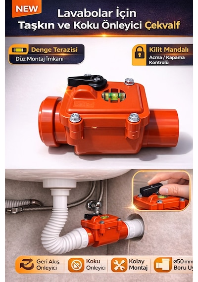 Lavabo Gideri İçin Ø50 Mm Pis Su Çekvalfi Koku Ve Taşkın Önleyici Pvc Gider Çekvalf