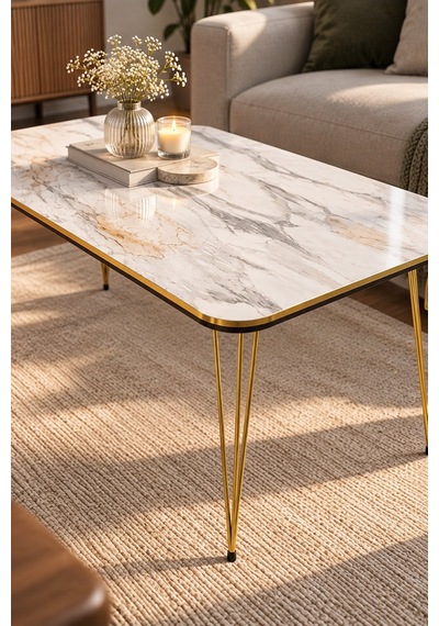 Sulorahome Gold Metal Ayaklı Orta Sehpa Altın - Mermer