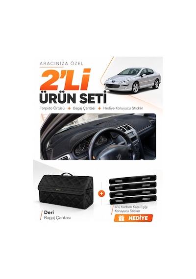 Peugeot 407 2004-2010 Uyumlu Torpido Örtüsü + Deri Bagaj Çantası + Sticker Seti - Siyah
