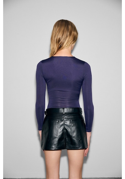 Grımelange Tevrıne Kadın Kruvaze Yakalı Esnek Kumaşlı Uzun Kollu Çıtçıt Kapamalı Slim Fit Mor Bluz Mor