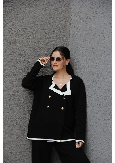 Scbutik Kadın Siyah 2 Oversize Kruvaze Hırka Pantolon Takım Akrilik Triko
