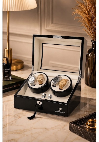 Watch Winder Brooklands Collection 4 Slotlu Ultra Sessiz Otomatik Saat Kurma Kutusu +6 Muhafaza Alanlı, Piano Ebony & Alcantara Kahve Krem