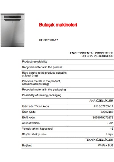 Hoover 32002485 HF6C7F0X-17 16 Kişilik Bulaşık Makinesi