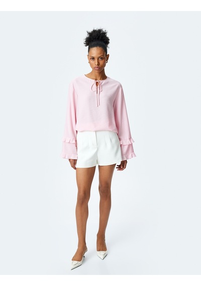 Koton Uzun Kollu Yakası Bağlama Detaylı Fırfırlı Bluz Pembe 5sak60140uw Gül