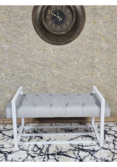 Zafir Beyaz Boyalı Metal 80 Cm Puf Bench - Antre Puf - Hol Bench - Puf - Oturak - Bench Gri