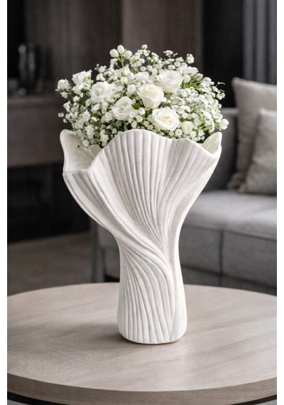 Petal Formlu Dekoratif Vazo Çiçek Yaprağı Tasarımlı Modern Vazo - 25cm Beyaz