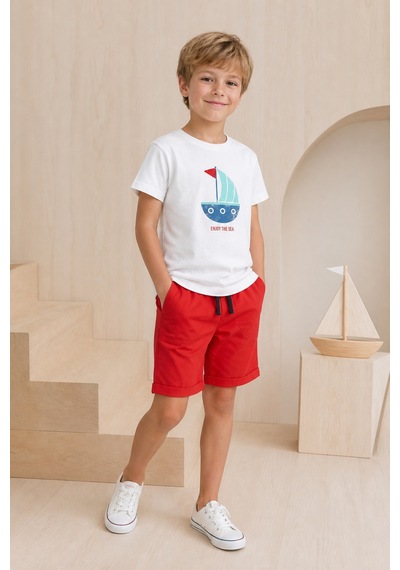 Eray Alp Kids Erkek Çocuk Kırmızı Yelken Baskılı Tişört Şort Takımı Yazlık Günlük Model
