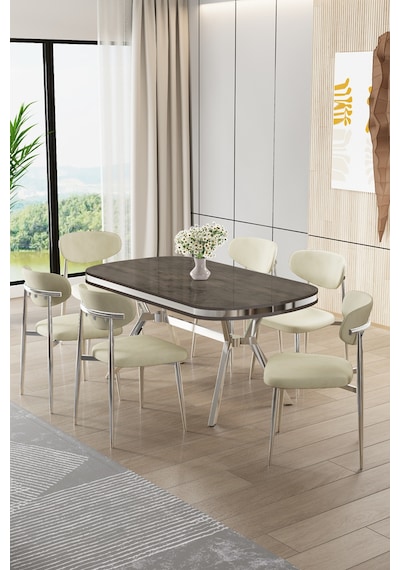 Canisa Olya Serisi 90x168 Lak Panel Antrasit İroni Masa Takımı Krom Ayaklı 6 Krem Sandalye Antrasit İroni Masa Krem Sandalye Canisa Olya Serisi 90x168 Lak Panel Antrasit İroni Masa Takımı Krom Ayaklı 6 Krem Sandalye Antrasit İroni Masa Krem Sandalye