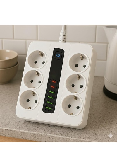 6 Priz + 4 Usb Çıkışlı Akıllı Çoklu Priz - Aç/kapa Anahtarlı, Hızlı Şarj Destekli, 3680 Watt, Ev & Ofis Kullanımı Siyah