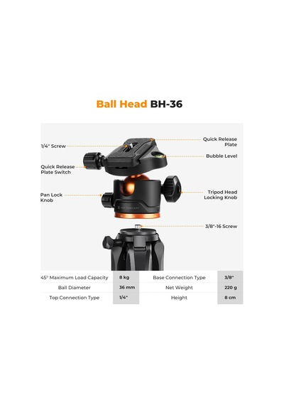 K&f Concept 190cm Alüminyum Tripod S255a3+bh-36 - 8kg Taşıma Kapasitesi