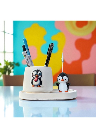 Dekoratif Sevimli Penguen Baskılı Kalemlik Ve Penguen Notluk Seti Renkli