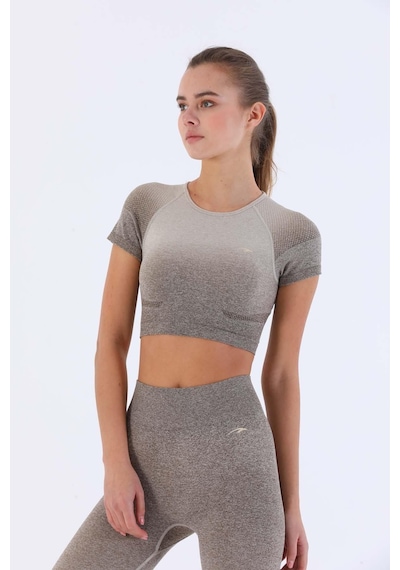 Maraton Sportswear Slimfit Kadın Bisiklet Yaka Kısa Kol Basic Açık Vizon Crop Top 811030 Açık Vizon