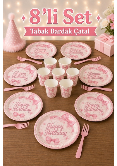 Fiyonk Desenli Pembe Happy Birthday 8 Li Tabak Bardak Çatal Doğum Günü Parti Seti