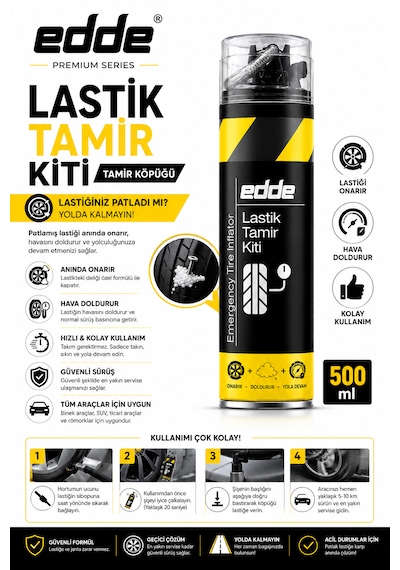 Edde Araba Araç Oto Lastik Tamir Kiti Lastik Tamir Spreyi 500 Ml Oto Bakım Ürünleri