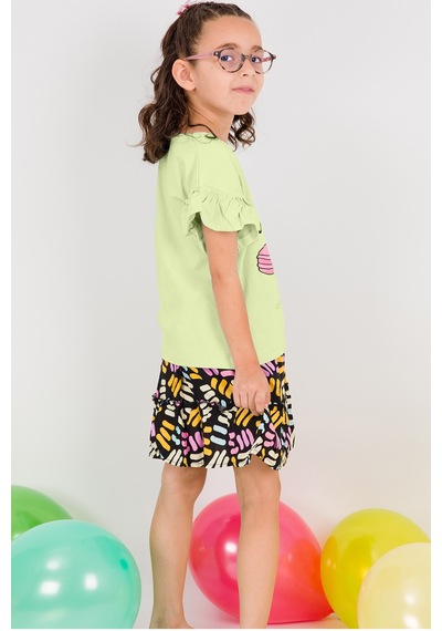 Hçm Kız Çocuk Tshirt Etek Takım Makaron Baskılı B23 Yeşil
