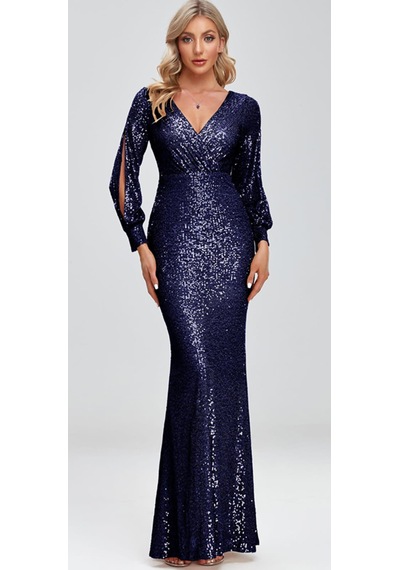 Hanife Glam Couture Hanife Glam Uzun Kollu Kruvaze Yaka Pullu Abiye Elbise Lacivert