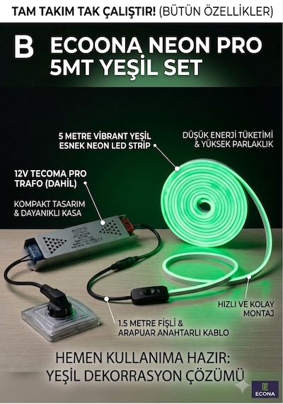 5mt Yeşil Neon Led 12 V Şerit Led Trafolu Tak Fişe Calistir,dekoratif Neon,esnek Neon Şerit Led Yeşil