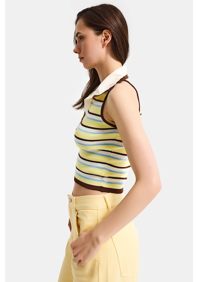 Kadın Sarı Çizgili S6-108 Crop Fit Polo Yaka İnce Yazlık Triko Body