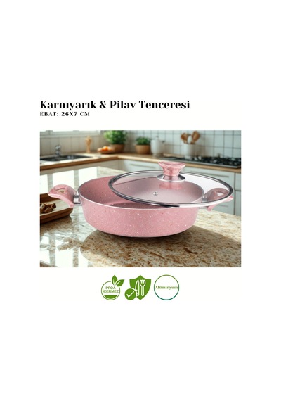 7 Parça Granit Set Cam Kapak - Pembe Pembe