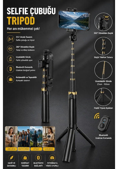 İphone 15 Pro Uyumlu Profesyonel Bluetooth Kumandalı Selfie Çubuğu Tripod
