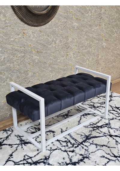 Zafir Beyaz Boyalı Metal 80 Cm Puf Bench - Antre Puf - Hol Bench - Puf - Oturak - Bench Füme