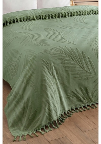 Çift Kişilik Saçaklı Havlu Yatak Örtüsü - %100 Pamuk & Yumuşak & Saçaklı Pike - 200x220 Cm-yeşil Yesıl