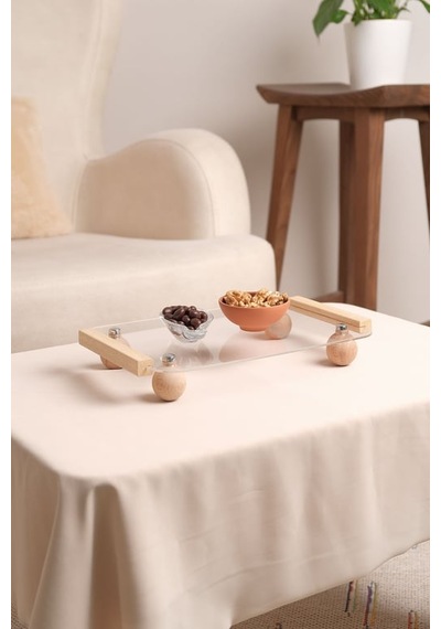 Ahşap Top Ayaklı Pleksi Şeffaf Dekoratif Tepsi, Düzenleyici,sunumluk 005166 10'li Paket