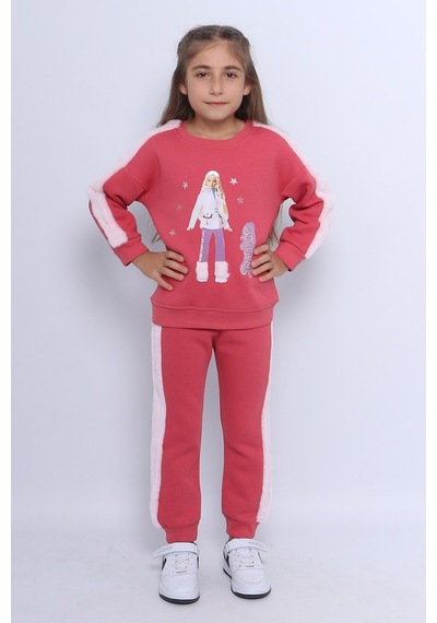 Kız Çocuk 3 İplik Eşofman Takımı Barbie Baskılı C22 Pembe