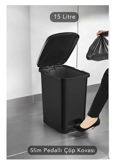 Slim Pedallı Banyo Mutfak Çöp Kovası - 15 Litre Siyah