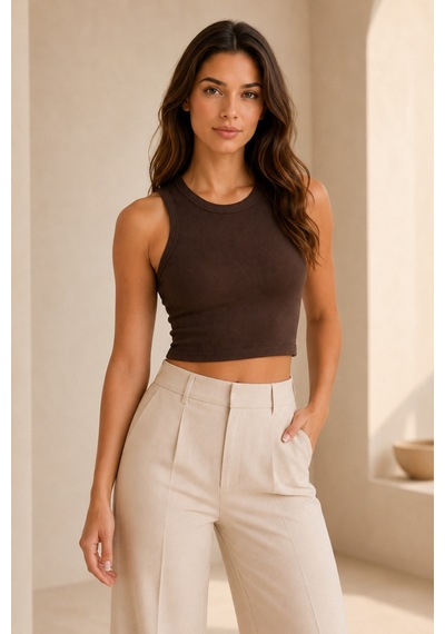 Loule Kadın 2'li Bisiklet Yaka Kolsuz Fitilli Crop Top Bej-kahverengi Çok Renkli