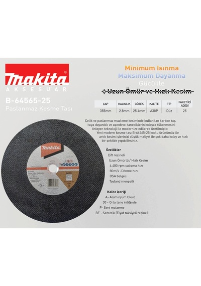 Makita B-64565 İnox 355x2.8x 25.4 Mm İnox Krom Kesme Taşı 1 Adet