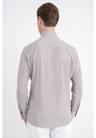 Slim Fit Pötikare Baskılı Pamuklu Yaka Düğmeli Vizon Gömlek G 1604