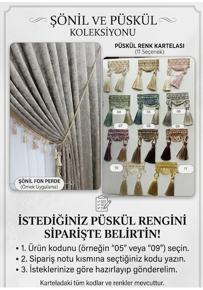 Şönil Fon Perde Çift Kanat 1/3 Sıklık Püsküllü Mor
