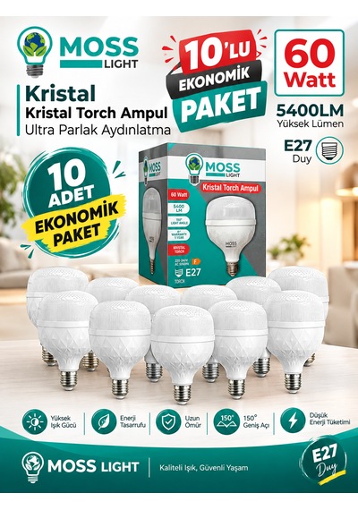 Moss Light Vip Aydınlatma / 60w Kristal Torch Ampul Beyaz Işık / 10'lu Ekonomik Paket