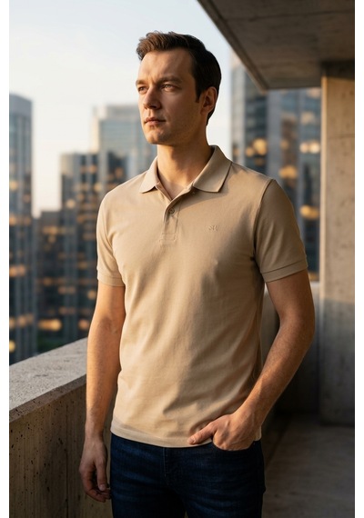 Süvari Slim Fit Düz Baskısız Pike Düğmeli Polo Yaka Nefes Alabilen T-shirt Bej