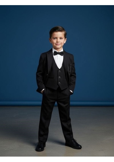 Zekids Erkek Çocuk Slim Fit 3 Lü Takım Elbise Ceket + Yelek + Pantolon -10333 Siyah