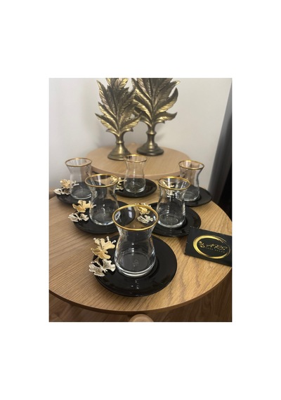 Siyah Cam Tabaklı Kelebek Detaylı 12 Parça 6 Kişilik Çay Seti, Çay Takımı, İrem Çay Bardak Siyah-black-gold
