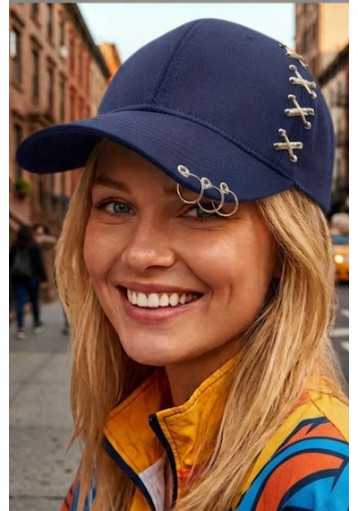 Uniquetrenders Kadın Piercing Halkalı Çapraz Metal Detaylı Özel Tasarım Baseball Cap Streetwear Şapka Lacivert
