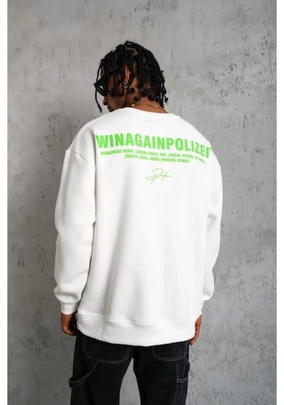 Butik İstanbul Erkek Oversize Sweatshirt Beyaz Renk Ön Ve Sırt Baskılı, Üç İplik İçi Pamuklu Kumaş, Rahat Kalıp, Ribanalı Kışlık Sweat Winagain Polizei Serisi - Beyaz