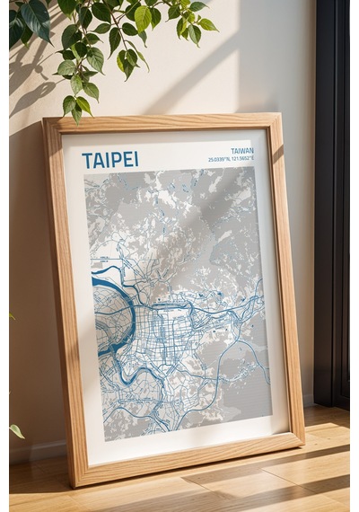 Taipei Tayvan Taiwan Haritası Çerçeveli Tablo Lüks Salon Ofis Duvar Dekorasyonu Hediyelik Tablo Kayın