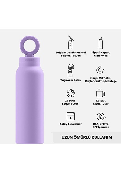 Ringo Pro Manyetik Telefon Tutuculu Termal Paslanmaz Çelik Su Şişesi Pipetli Kapak 24 Oz / 710 Ml Lila