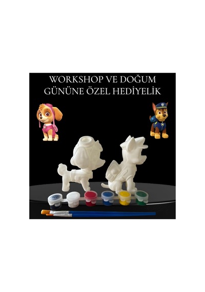 3d Paw Patrol Ve Skye Figür Boyama Seti - Kendin Boya Hobi Ve Etkinlik Seti - Akrilik Boya + 4 Fırça